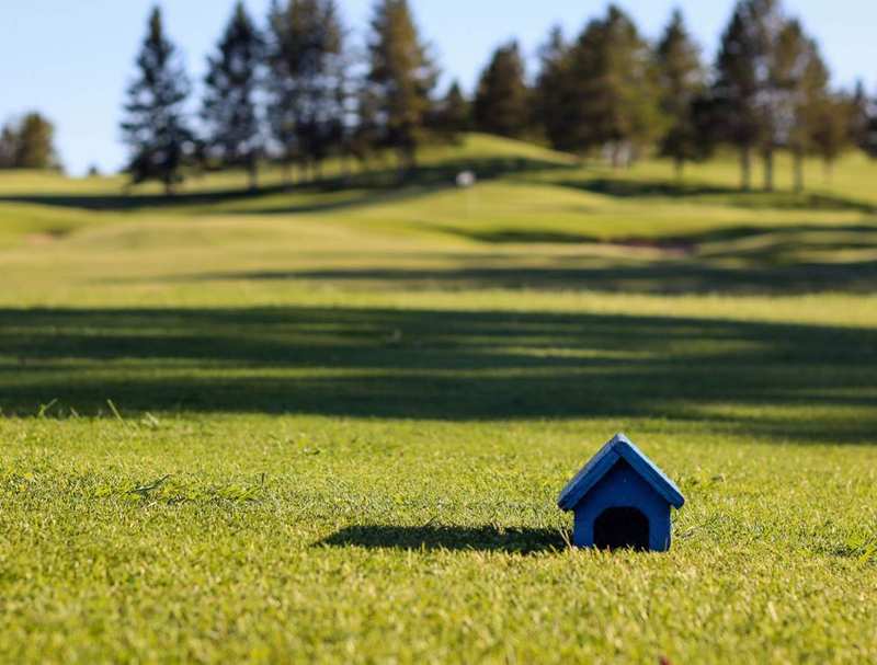 Miniature covered bridge tee marker on the fairway